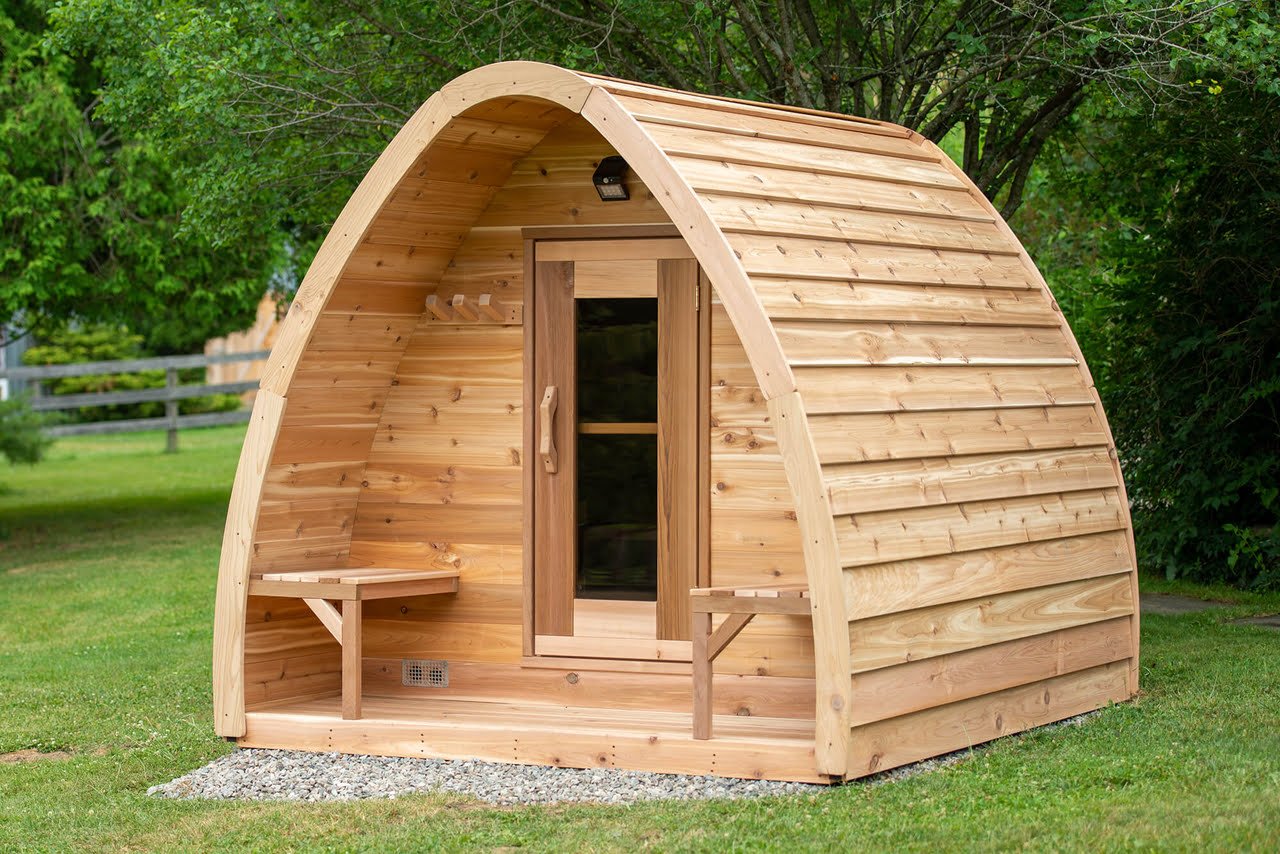 Dundalk Leisurecraft europe mini POD sauna knotty western red cedar front porch